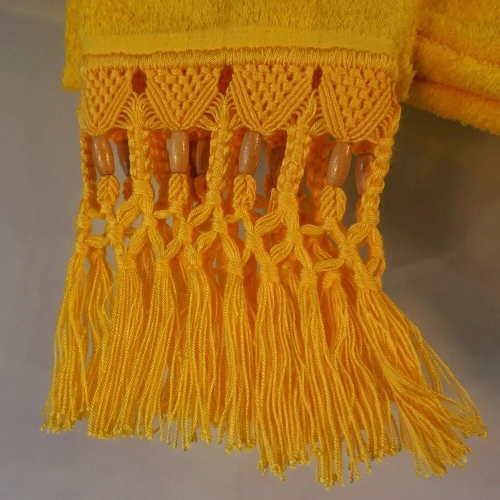 Karisma Bath Towel And Hand Towel Set Yellow Macrame Fringed Tassel Beads